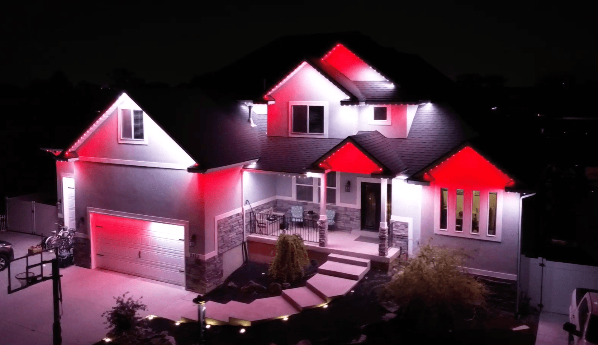 Christmas candy cane lighting display, aerial view