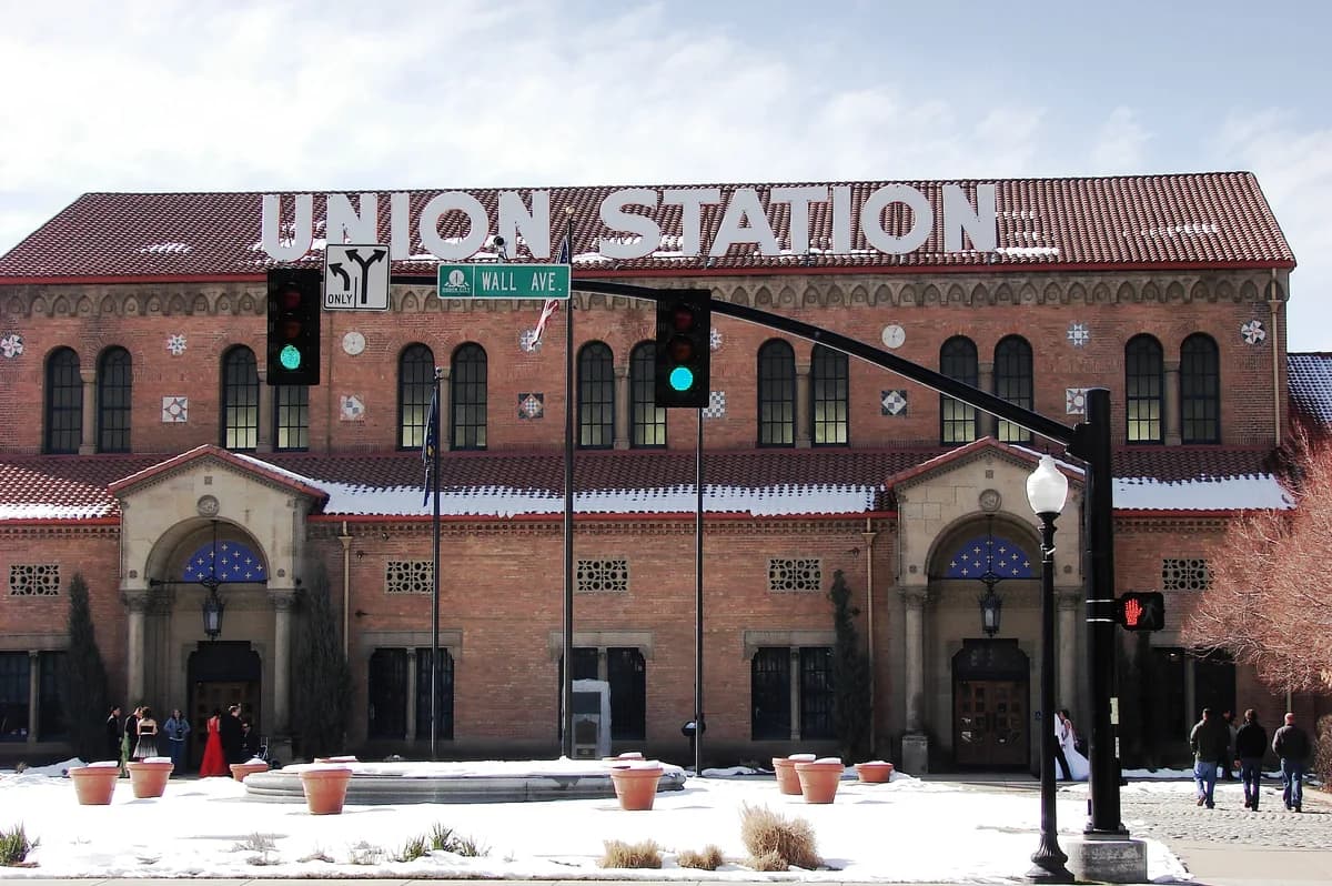 Ogden Union Station with snow in the foreground.
