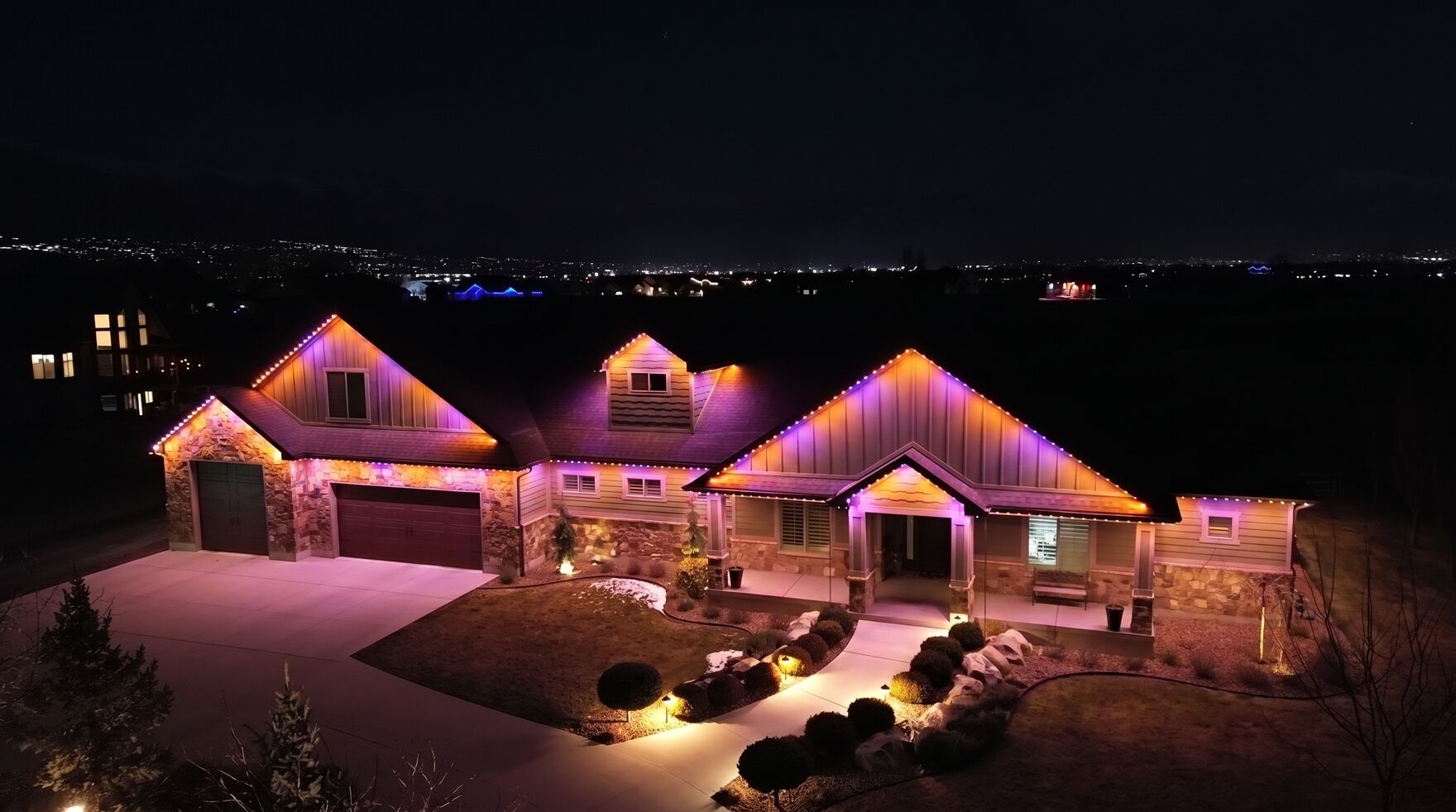 Roofline lit at night (TruLight network install)